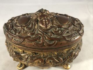 Antique Brass Metal Art Nouveau Footed Embossed Jewelry Trinket Ring Box 4.  25”x3