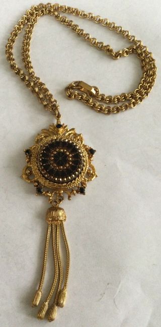 Rare Vintage Ljm Gold Fashion Black Onyx Tassel Necklace 19 " Aw77