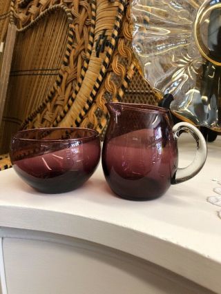 Vintage Antique Purple Art Glass Sugar And Creamer Set