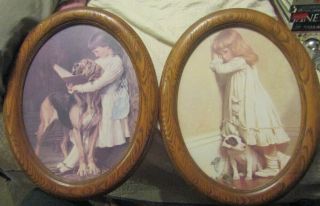 2 Oval Pictures In A Wooden Frame 15 1/2 X 19 1/2 " 1 A Little Girl With Her Dog