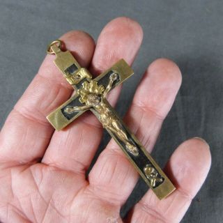 French Antique Brass & Ebony Pectoral Cross Pendant Crucifix 19th Century