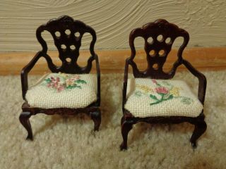 Dollhouse Furniture - Two (2) Side Chairs - Hand Embroidered Detail On Seats