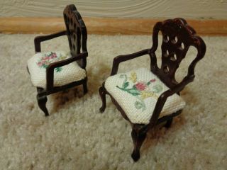 Dollhouse Furniture - Two (2) Side Chairs - Hand Embroidered Detail on Seats 2