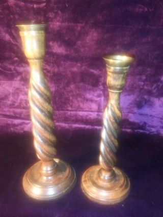 Antique Vintage Wooden Oak Pair Barley Twist Candlestick 11 " & 13 " Candle Holder