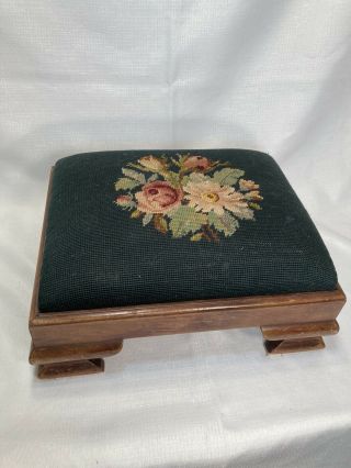 Vintage Antique Wood Needlepoint Embodied Flower Foot Stool Rest Small Bench