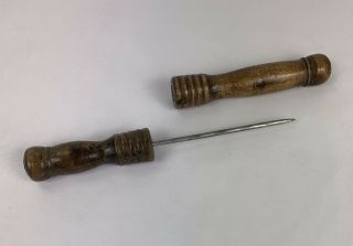 Antique Ice Pick Awl With Wooden Lathe Turned Hand Carved Handle And Cover 8 ⅓ "
