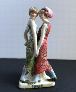 Vtg 1920s Art Deco Two Ladies Tango Bisque Bud Vase Figurine Germany Small 3.  5 "