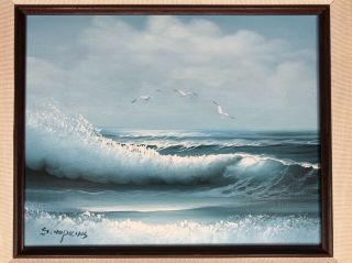 Vintage Oil Painting Seascape Ocean Seagulls Signed S.  Hopkins Framed 13x15” 2