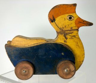 Vintage Wooden Antique Toy Duck On Wheels Collectibles Children Child No String