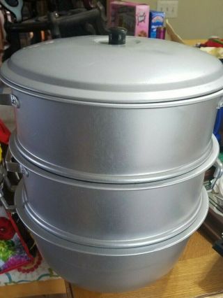 Vintage Aluminum 3 Tier Steamer Pot W/ Lid 0220