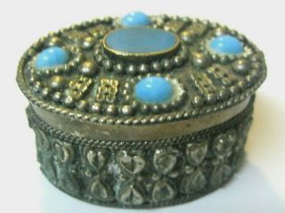 Vintage Sterling Silver Small Pill Box With Detailing Glass Turquoise?