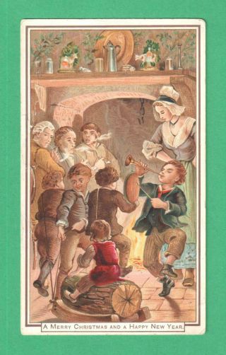 Scarce Antique Christmas/new Year Greeting Card Family Celebrates By Fireside
