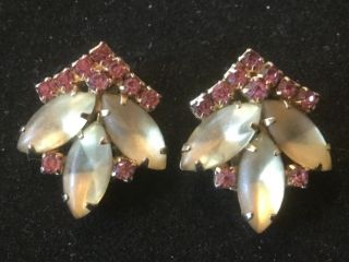 Vintage Clip - On Earrings.  Pink & Clear Stones.  1” D.  Box 2