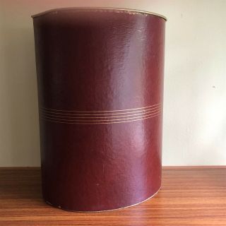 Vintage Metal Wastebasket Faux Leather Covered Red Burgundy Gold Library Study