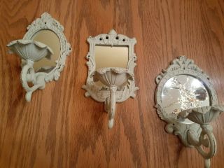 Set Of 3 Vintage Shabby Chic White Cast Iron Mirrored Wall Sconce Candle Holders
