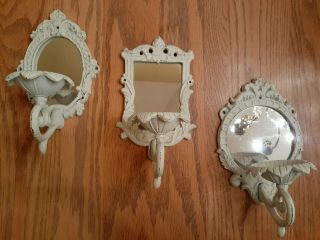 SET OF 3 VINTAGE SHABBY CHIC WHITE CAST IRON MIRRORED WALL SCONCE CANDLE HOLDERS 2