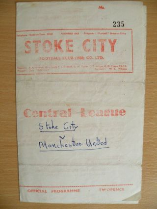 Rare 1961/62 Single Sheet Stoke City V Manchester United Central Leage