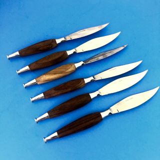 Japanese Vintage MCM Teak and Stainless Steak Knives Gensico by Hull Set of 6 2