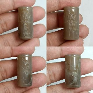 Near Eastern Very Old Agate Stone Intaglio King,  Queen Animal Cylinder Seal Bead