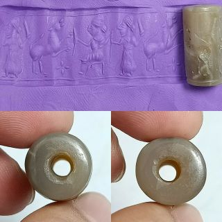 Near Eastern Very Old Agate Stone Intaglio King,  Queen Animal Cylinder Seal Bead 3