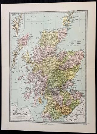 1870 John Bartholomew Large Antique Map Of Scotland