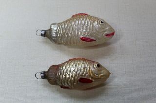 2 Vintage Antique Blown Mercury Glass Christmas Ornaments - Fish