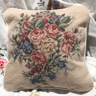 Vintage Laura Ashley Needlepoint Pillow Floral Tan Beige Pink Green