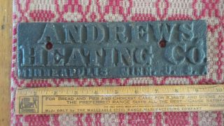 Antique Cast Iron Andrews Heating Co.  Minneapolis,  Minn Name Plate,  Plaque