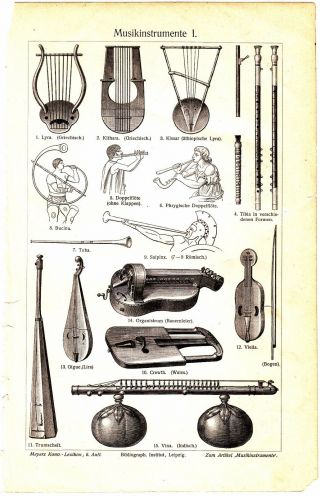 Ca 1890 Old Musical Instruments Antique Engraving Lithograph Print