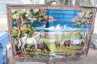 Vintage Velvet Tapestry Wall Hanging Rug Horses Great Colors 73 " X 50 " Decor