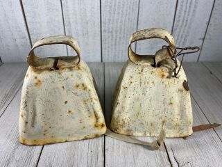Pair 2 Vintage Antique Rustic Distressed Primitive White Cow Bells