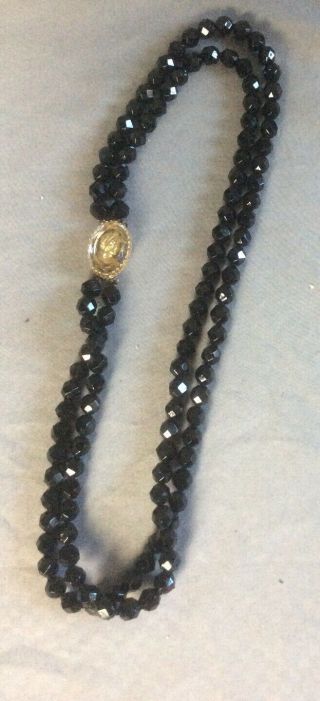Vintage Jet Black Faceted Glass Bead Necklace Double Strand Gold Cameo Knotted