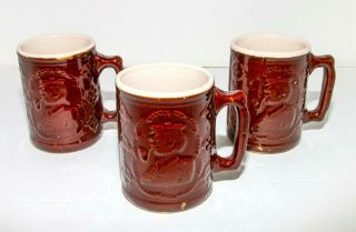 Set Of 3 Antique Brown Burley Winter Pottery Stoneware Mugs Windmill & Man/pipe