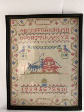 Framed Folk Art - Vintage Needlepoint Cross Stitch - Sampler