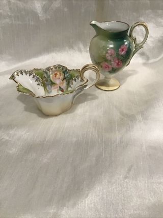 2 Antique Rs Prussia Red Mark Creamers Pink Roses