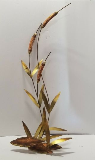 Vintage Mid Century Brass Copper Reeds Bulrushes Cattails Leaves Metal Wall Art