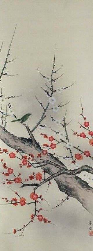Japanese Hanging Scroll Kakejiku Hand Paint Silk Plum Tree Bird Antique B099