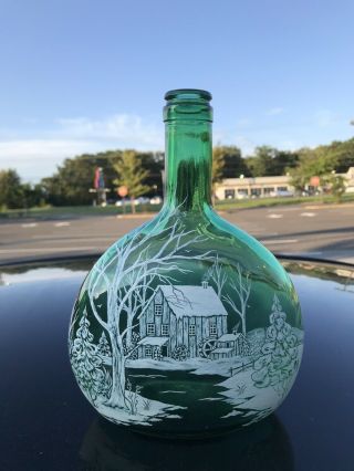 Mary Gregory Emerald Green Glass Bottle Signed Dated Cabin Scene 8” Tall