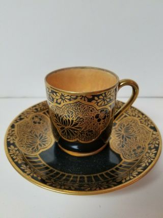 Antique Noritake Demitasse Cup And Saucer Black Gold Hand Painted Lustre Luster