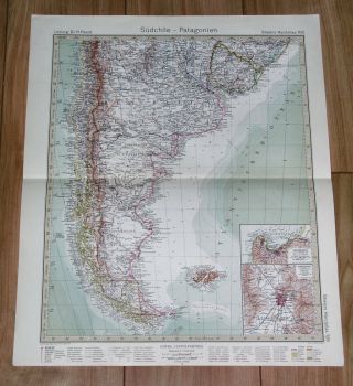 1932 Vintage Map Of Argentina Chile Santiago Tierra Del Fuego Falklands