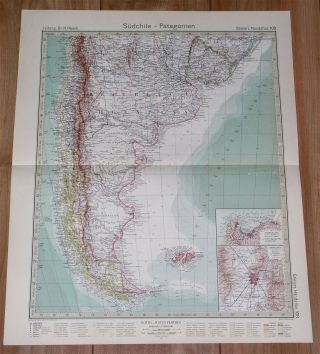 1932 VINTAGE MAP OF ARGENTINA CHILE SANTIAGO TIERRA DEL FUEGO FALKLANDS 2