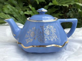 Vintage Hall Pottery Blue With Gold Accents 6 Cup Tea Pot Made In Usa