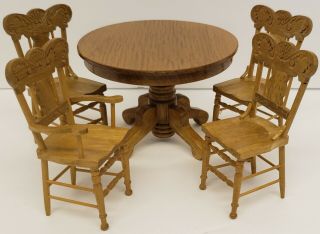 Vintage Miniature Wood Dollhouse Kitchen/dining Room Table & 4 Matching Chairs