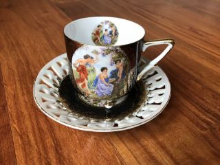 Vtg L M Royal Halsey Black Very Fine China Footed Tea Cup & Reticulated Saucer