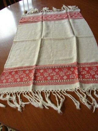 Antique Early 1900s Turkey Red White Linen Damask Long Fringe Bath Towel