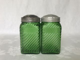 Antique Green Hoosier Glass Jars Salt & Pepper Shakers Owens Illinois Ribbed