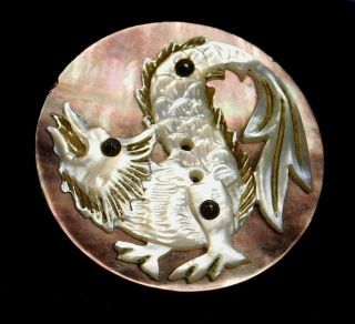 Antique Vtg Button Carved Pearl Shell Dragon W Cut Steels H
