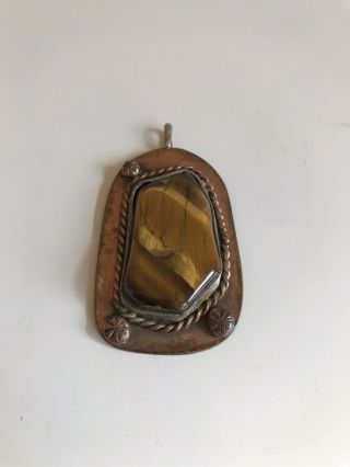 Rare Old Antique Native American Copper And Tiger Eye Pendant Hallmarked Vintage