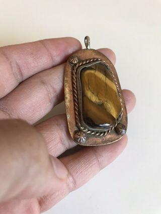 Rare Old Antique Native American Copper and Tiger Eye Pendant Hallmarked Vintage 3