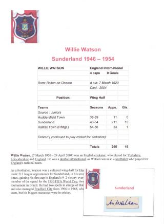 Willie Watson Sunderland 1946 - 1954 Rare Hand Signed Cutting/card